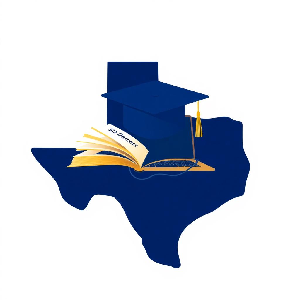 Texas outline with graduation cap and books illustration